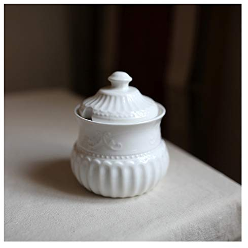FQCXCKJ Sucrier en céramique avec bord de pétale vintage, pot de rangement, cube de café, sucrier blanc avec couvercle anti-poussière