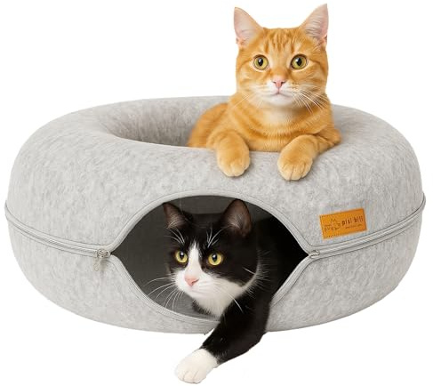 Katzentunnel rund aus Filz – Donut Katzenbett & Katzenhöhle zum Spielen – 60x60x28 cm, flauschig mit waschbarem Kissen, Tunnel & Kuschelbett für Katzen – Grau