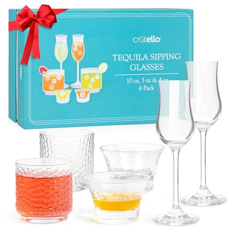 Crutello Tequila Glasses Set of 6 Tequila Sipping Glasses | 3 Unique Style Mezcal Glasses 10 oz & 5 oz Tequila Tasting Glasses & 4 oz Copita Glass Snifter Glass, Best Tequila Gifts for Tequila Lovers