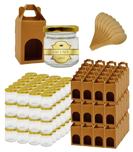 Espirito Rebelde Lot de 100 pots en verre vides avec couvercle de 100 ml avec 100 bôites en carton pour 1 pot de confiture et Cuillère - Pour confitures, conserves, miel- Mariage