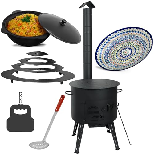 Uchag Ø40 cm Utschak 2mm stahl mit Abzugsrohr 12 L Kazan Grillfächer Schaumkelle Adapter-Ringe Herdplatte Orientalischer Teller ляган Utschag Kasan Feldküche Außenküche Eintopfofen Gulaschkanone