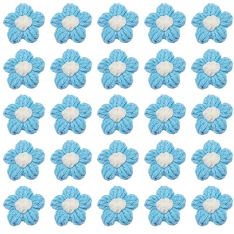 sourcing map 50 parches de flores para coser, pétalos florales de ganchillo hechos a mano, apliques de flores de ganchillo para bricolaje, ropa de pelo, boda, fiesta, manualidades, azul claro y blanco