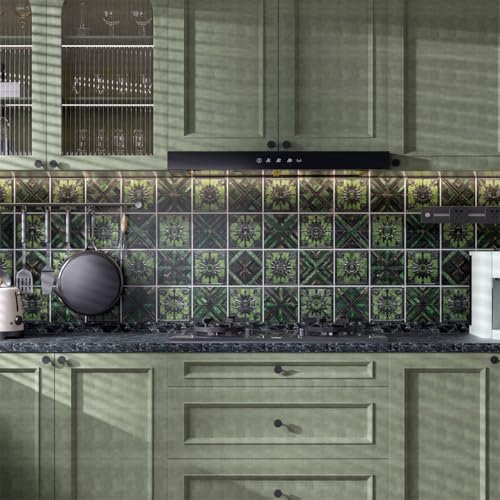 Fliesenaufkleber Retro Grün Für Küche Und Bad,Vinyl-Küchenrückwand Klebefliesen,Wasserdicht Ölfest ​Klebefliesen Küche Zum Abziehen Und Aufkleben,Pvc Fliesenaufkleber Bad 48 PC(15x15cm)