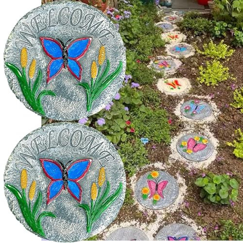 FQCXCKJ Trittsteine, 2 Stück, Trittsteine mit Schmetterlingsmuster, dekorative Steine für Handwerk/Landschaftsbau/Springbrunnen (blau)