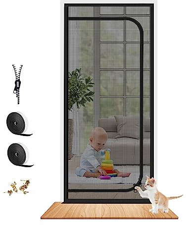 Upgraded Reinforced Pet Screen Door Thickened Cat Resistant Mesh Screen Door for Living Room, Bedroom, Patio, Dog Cat Scratch Proof Screen with Zipper Closure (Fits Door Size up to 34''x 82'', Black)
