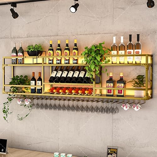 Weinregal Wand Metall Flaschenregal Schmal Wine Rack Bar Regal Wand Weinschrank Hausbar Barschrank mit Weinglashalter Weinständer Weinflaschenhalter Getränke Regal Mini Bar für Küche Bar Esszimmer(Gol
