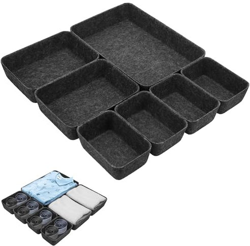 Hejo 7er Set Schubladen Organizer Filz, Schubladen Ordnungssystem, Verdicker Schubladeneinsatz, Filz Aufbewahrungsbox, Flexible Filzbox für Schlafzimmer Büro Wickelkommode (Dunkelgrau)