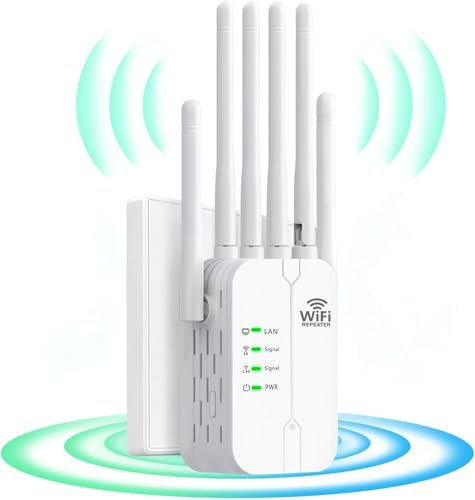 Répéteur WiFi intérieur Puissant,amplificateur de Signal WiFi,6 antennes, 2 Ports LAN, amplificateur WiFi pour la Maison et Le Bureau, WiFi Extender Couverture jusqu'à 1100m²,Facile à Utiliser