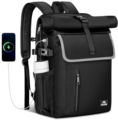 MATEIN 36L Large Roll Top Backpack, 17 Inch Waterproof Laptop Backpack with RFID Pocket, Rolltop Rucksack with USB Charging Port, Wide Opening Waterproof Rucksack for Women and Men, Work, Black