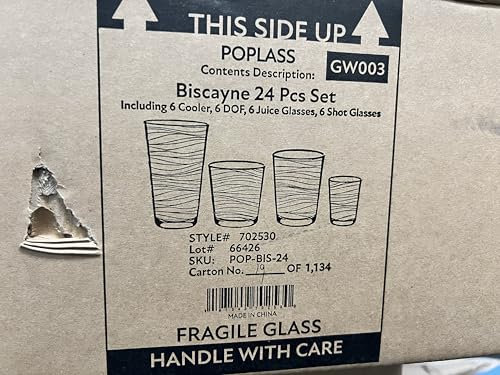 POPLASS Biscayne Glassware Set, 24-Piece, Mixed Sizes with 16oz Cooler, 13oz DOF, 7 oz Juice and 3oz Shot Glasses - 6 Each Size = 24 Glasses
