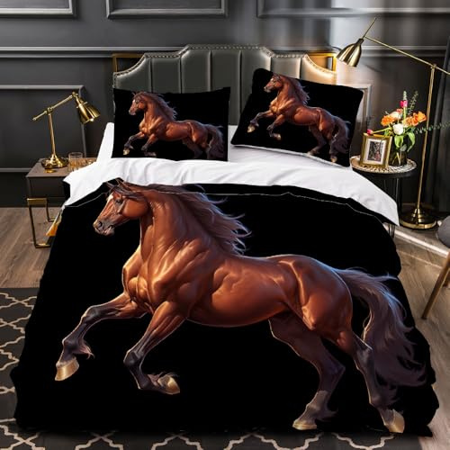 Horse Luxury 3D Printed Bedding Set Animal 3D Printed Duvet Cover for Kids Boys Girls Cartoon Comforter Cover Bedroom Collection 3Pcs Queen Size(No Comforter)
