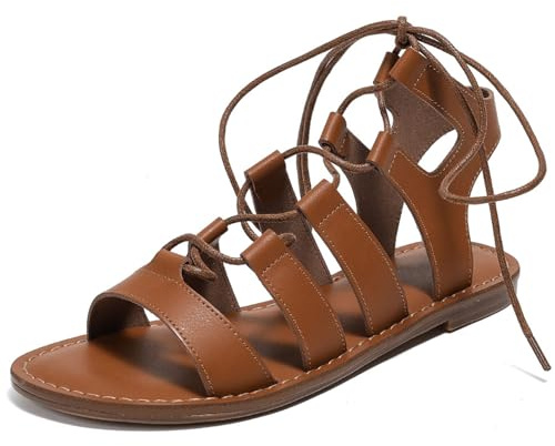 BININBOX Sandalias Mujer Verano Planas Romanas Zapatos Gladiador atadas al tobillos puntera abierta Bohemio