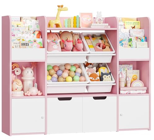 FOREHILL Scaffale Portagiochi Bambini, Libreria Bambini a 4 Ripiani, a 4 Contenitori Rimovibili in Plastica, con 2 Cassetti su Ruote, Scaffale per Giocattoli a Scomparti Aperti, 126x30x104cm (Rosa)