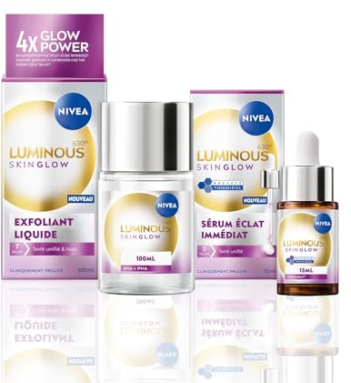 NIVEA Luminous 630 - Duo Skin Glow Exfoliant Éclat 100 ml + Sérum Éclat 15 ml - Exfolie En Douceur, Hydrate & Affine Les Pores - Soins Visage Anti-Taches - Vegan - Tous Types De Peaux - 15 ml
