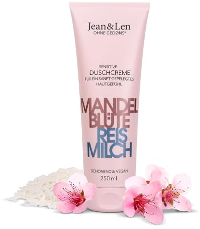 Jean & Len Sanfte Duschcreme Mandelblüte & Reismilch, für trockene & empfindliche Haut, zart-süßer Duft, ohne Parabene & Silikone, veganes Duschgel, 250 ml