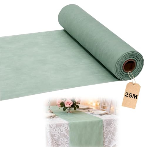 Forbabe 30 cm x 25 m fleece bordslöpare eukalyptus grön bordsdekoration salviagrön | Bordslöpare rulle återanvändbar dekorativ bordsband fleece bordsduk för födelsedagar dop nattvardsgång bröllop