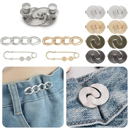 FrostyFlair Clip para Ajustar Pantalones, 14 unidades sin Necesidad de Coser Botón de Metal para Ajustar Cintura, Waist Knots, Reducción de Tallas para Pantalones Jeans Faldas
