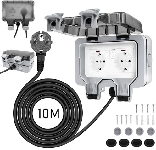 Outdoor Double Socket 10M Extension Lead, Outdoor Plug Sockets Waterproof IP66, High Impact PC Housing, Garden Wall Electrical Outlet 13Amp 2 Gang Switched Power Box with Lockable Cover,LED Indicators