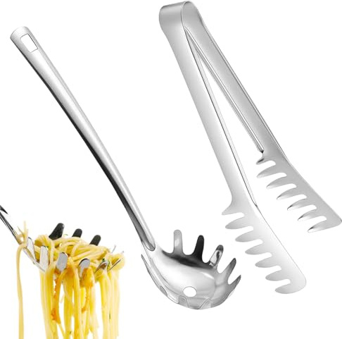2 Stück Nudelzange und Spaghettilöffel Edelstahl, praktische Küchenhelfer mit ergonomischem Griff, ideal für Pasta, langlebig und rostfrei, Inklusive Spaghettizange und Nudellöffel