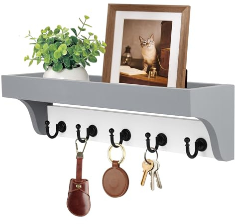 Schlüsselbrett Holz mit Ablage, Moderner Minimalistisches Schlüsselhalter mit 5 Schlüsselhaken Schlüsselboard Wand, Platzsparender für Eingang, Flur, Küche, Schlafzimmer, Wohnzimmer (Grau)