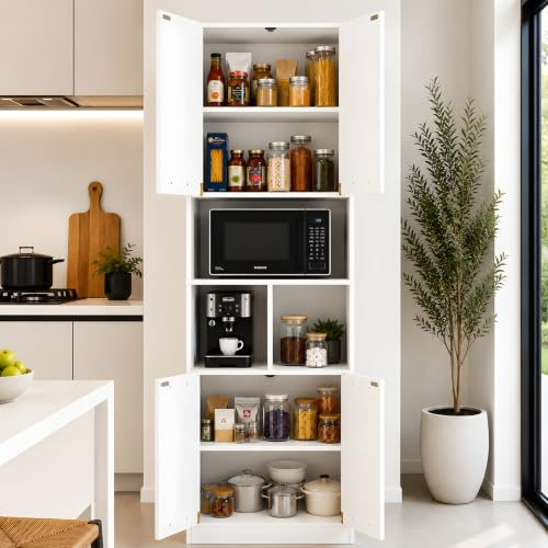 GOKHOMX Armoire de Rangement Cuisine ou Bureau Blanche, Meuble de Rangement Colonne avec 4 Portes et Etagere,Armoire 60 cm Largeur Garde Manger, 180,5x40x60 cm