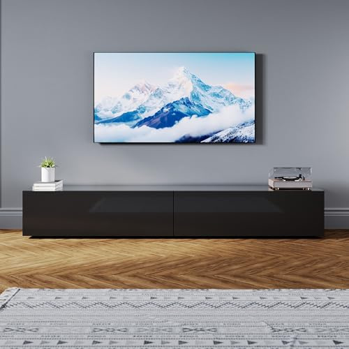 SONNI Lowboard, 200x40x30cm, Hängend/Stehend, Mit 2 Klapptürfach, Schwarz | TV-Schrank Hochglanz für Fernseher bis zu 75 Zoll, Fernsehtisch Griffloses Design, TV-Regal für Wohnzimmer, Schlafzimmer