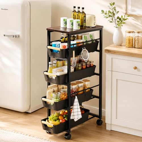 Carrito Cocina con Ruedas, Carrito Cocina con Cestas Retráctiles con 5 Cajones, Verdulero Cocina con 6 Ganchos y Mecanismo de Frenado, Adecuado para Cocina, Baño
