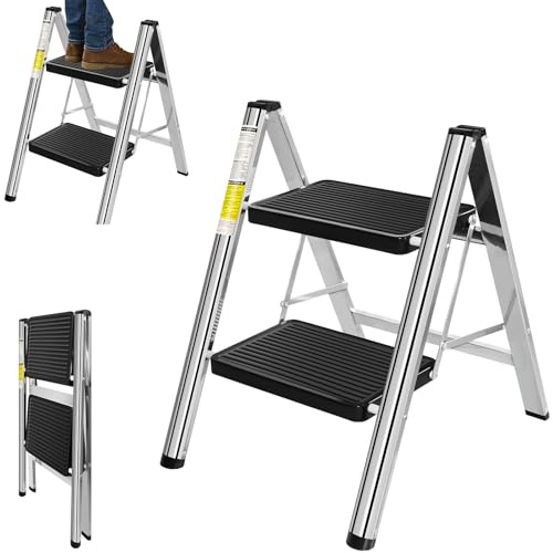 Folding 2-Step Ladder, Heavy Duty Stainless Steel Foldable Ladder with Anti Slip Steps and Feet, Lightweight Stepladder, Easy to Store, Household Ladder for Home/Kitchen/Garage, 150KG Max Capacity