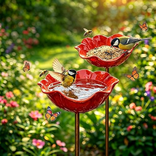 Futterstation Vögel,Vogeltränke Metall,Insektentränke Blumes Für Den Garten,Vogeltränke Winterfest Gartenstecker,Bienentränke Gartens Für Bienens,Futterschale, Für Rase (C- 2 Stück Rot)