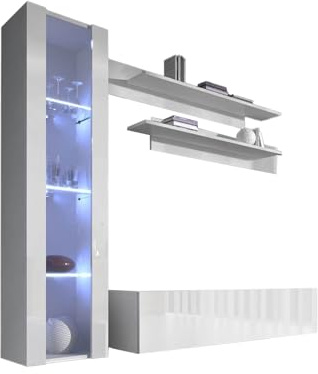 MB Muebles Bonitos, Ensemble de Meubles de Salon Nora 2 avec Meuble TV, Design Modulaire Moderne, Lumière LED, Couleur Blanc, Longueur 220 cm