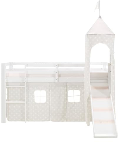 Homestyle4u Kinderbett Hochbett 90x200 Weiß mit Rutsche Treppe und Tunnel | Massives Kiefernholz Kinderhochbett mit Turm, Vorhang mit Sternen und Fallschutz - Inklusive Zubehör Spielbett Paket