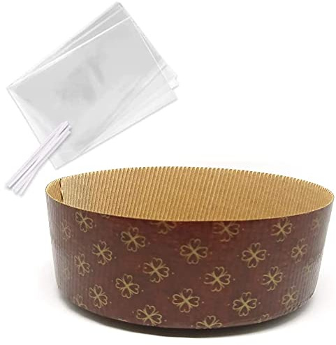 Dream' s Party Set Stampo PANETTONE (1kg Basso - 5 pezzi) + Sacchetti Buste Alimentari (40x50cm - 5pz) con laccetto chiudipacco con anima in metallo per chiusura - Pirottino monouso in carta da Forno