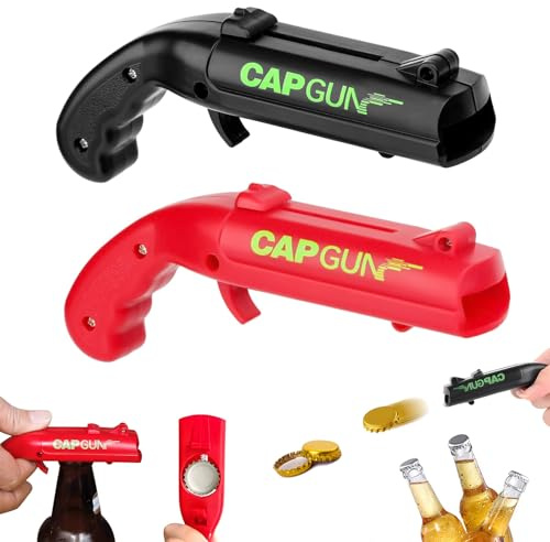 2er Set Flaschenöffner Pistole Lustig – Funny Bottle Opener mit Verschluss-Launcher, Flaschenöffner Lustig für Party, Bar & Home (Schwarz und Rot)