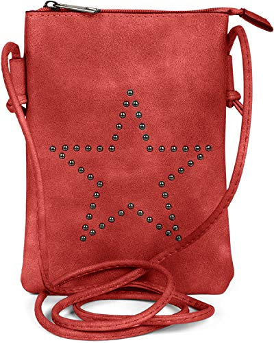 styleBREAKER Damen Mini Umhängetasche Nieten Stern Boho | 14x19 cm Crossbody-Bag, 1 Hauptfach mit Reißverschluss, Steckfach hinten, 130 cm Schulterriemen, Kunstleder.