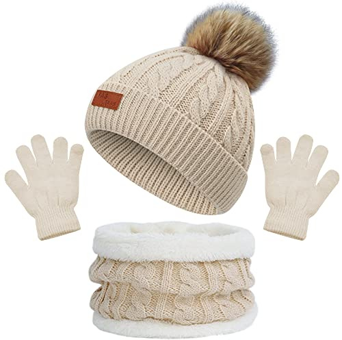 Bonnet Enfant Hiver Tricoté Tour de Cou Chaud Set de 3 Pièces Ensemble Chapeau Bonnet Écharpe Gant Tricot Doublure Épaisse pour Fille Garçon(3-8 ans) (Kaki)