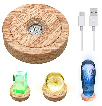 Round Rotatable LED Light Base, 8 Light Modes Display Stand, Multicolored Round Display Base for Crystal Statues Glass Ball (Wood Color)