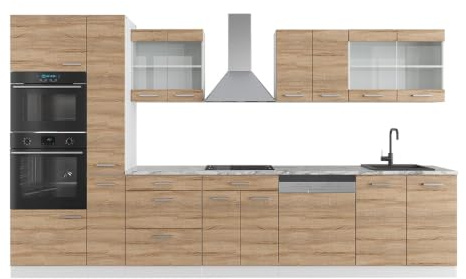 Vicco Küchenzeile R-Line, Sonoma/Weiß, 350 cm | 9 Module · Höhenverstellbare Füße · Ohne Arbeitsplatte · Robuste Fronten · Mit Backofen-/Mikrowellenschrank