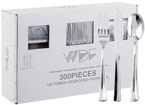 WDF 300 Pieces Silver Plastic Silverware - Plastic Silverware Heavy Duty - 100 Forks 100 Knives 100 Spoons - Disposable Silver Cutlery Perfect for Party/Wedding/Christmas