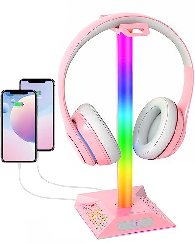 Headphone Stand PC Gaming Accessories - RGB Headset Stand Headphone Holder for Boy Gamer, Cool LED Headset Stand with 2 USB Charger for Desk