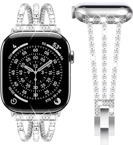Fullife Bling Strap for Apple Watch 38mm 40mm 41mm 42mm,Silver | Women Sparkling Crystal Metal Bracelet Band Compatible with iWatch SE Series 11/10/9/8/7/6/5/4/3/2/1