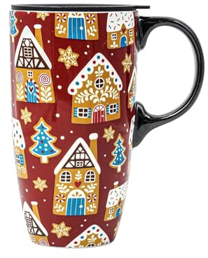 Topadorn 17oz Christmas Ceramic Travel Coffee Mug with Sealed Lid Tea Cup with Color Box, Microwave & Dishwasher Safe, Unique Coffee Mug for Latte & Hot Chocolate, House