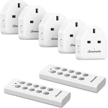 DEWENWILS Wireless Remote Control Sockets, 13A 3120W Heavy Duty Remote Switch, 30M Control Range, Programmable Remote Plug for Vacs, UKCA Listed, 5 Sockets and 2 Remotes
