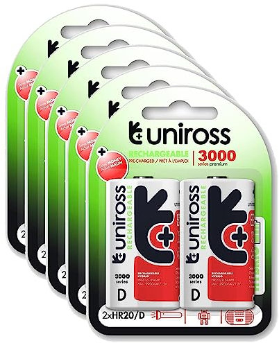 Uniross Pack de 5 x 2 Piles Rechargeables D/HR20 3000 NIMH HYBRIO, 1.2V