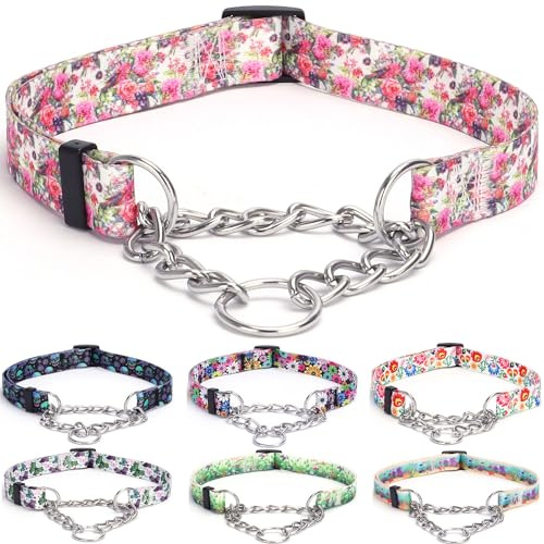 haoyueer Martingale Hundehalsband - Edelstahlkette, kein Ziehen, Trainingshalsband mit Blumen-Design für große, mittelgroße und kleine Hunde (L, Pfingstrose)