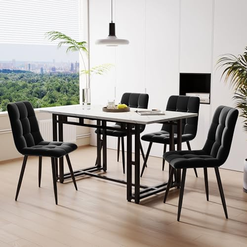 KUAKE 120x70cm Esstisch mit 4 Stühlen Set,Moderne Küche Esstisch Set, Schwarz Eisen Beintisch (Schwarz Esszimmerstühl)