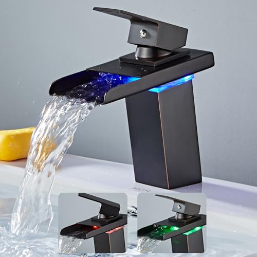 OUGOO LED Einhebel-Waschbeckenarmatur, RGB 3 Farbwechsel Wasserhahn | Wasserfall Messing Mischbatterie für Badezimmer, Farbwechsel je nach Wassertemperatur, Schwarz