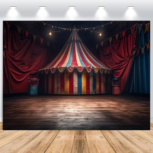 ASDCXZ Fond de Cirque 2.5x1.8 m Fond Photo de Carnaval de Grande Tente de Cirque Vintage Rouge, Fond boîte Photo Vinyle pour la de fête de Cirque en Bois