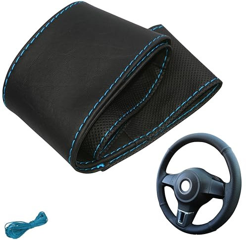 Generisch Lenkradbezug 4 Teilig Auto Lenkradhülle zum schnüren Nähen Sport Gepunktet M5N Schwarz Hellblau Naht Universalgrösse 37-39 cm