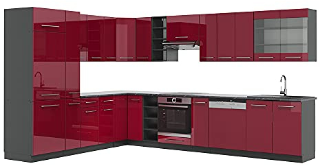 Vicco Eckküche Fame-Line, Bordeaux Hochglanz/Anthrazit, 347 x 60 cm, AP Anthrazit, für Flexible Küchenplanung und modulare Erweiterung