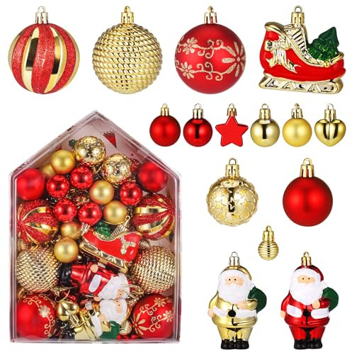 Hejo 72 Stück Weihnachtskugeln Rot Gold Kunststoff Christbaumkugeln Deko, Mehrweg Plastik Weihnachtsbaumkugeln Set, Aufhängbarer Weihnachtsschmuck mit Seil, Christbaumschmuck für Weihnachten Deko